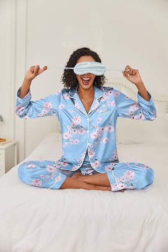 Image of Ekouaer Women's Classic Button Down Long Satin Silk Pajama Set