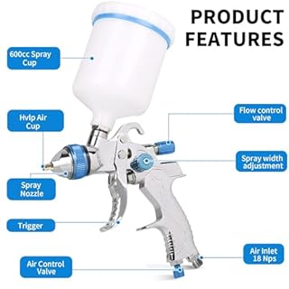 DBREAKS HVLP Pistola a spruzzo 1,4/1,7/2,0/2,5 mm | Pistola ad aria con bicchiere da 600 ml + 4 set di ugelli + regolatore di pressione dell'aria | Pistola a spruzzo per auto, mobili, fai da te