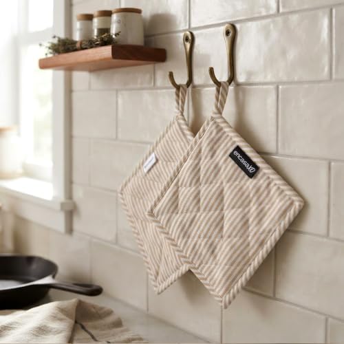 Image of Encasa XO Cotton Pot Holders & Trivets, Heat Resistant Hot Pads Beige | Quilted Eco-Friendly Cotton | Heat Protection | Hot Cookware Surface Protection | Corner Hanging Loop | (Set of 4)