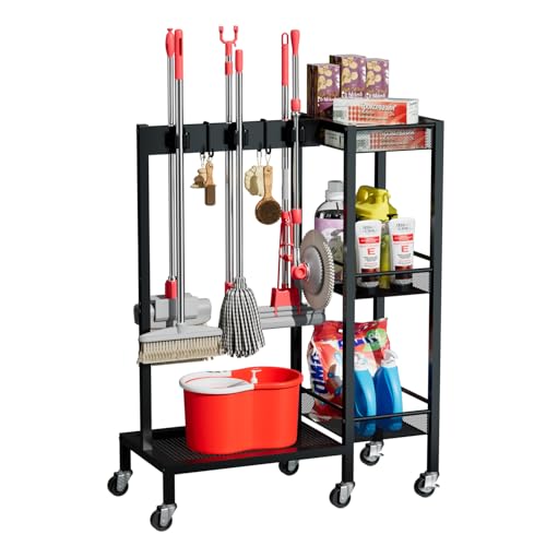 MDJTT Broom and Mop Holder with Wheels, Large Capicity Cleaning