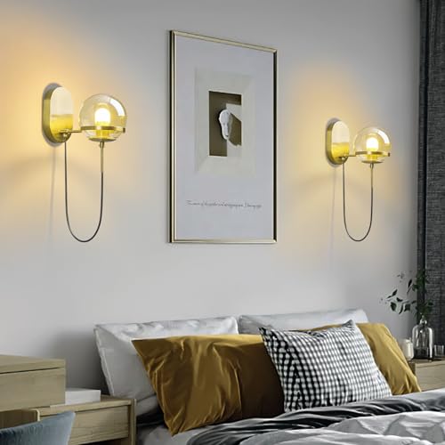 Image of Modern Amber Glass Wall Sconce Gold Wall Sconces Set of Two 5.51 in Glass Globe Wall Light Fixtures for Bedroom Bathroom Hallway Sconces Wall Lighting