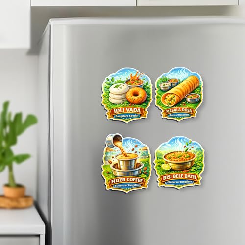 Image of Regalo Casila Bangalore Food Tourism Souvenir Wooden Fridge Magnet Set of 4 Idli Vada Masala Dosa Filter Coffee Bisi BeLe Bath Refrigerator Magnets