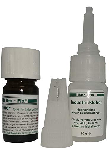Ber-Fix Klebstoff-Set 2 zum kleben von Silikon Pe PP Teflon (PtfE) 10g Industriekleber dünnflüssig 5ml Primer