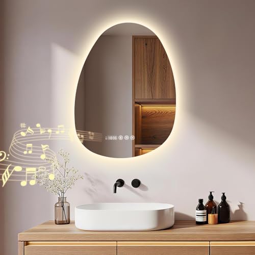 S'AFIELINA Asymmetrical Bathroom Mirror with Bluetooth, Anti-Fog, 3 Colors Adjustable Light, Time & Temperature Display, Memory Function, IP44 Waterproof Backlit LED Mirror with Lights, 60 x 45 cm