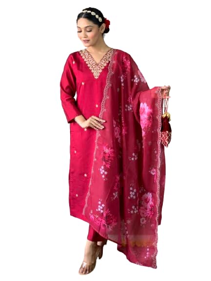 Kurta brodé en soie Chanderi rouge, ensemble pantalon élégant haut de gamme