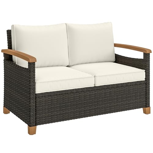 Image of Outsunny 2 Seater Rattan Garden Sofa, Outdoor Sofa with Thickened Cushions and Acacia Wood Armrests, All Weather Small Rattan Garden Furniture Loveseat for Patio, Balcony, Porch, Brown