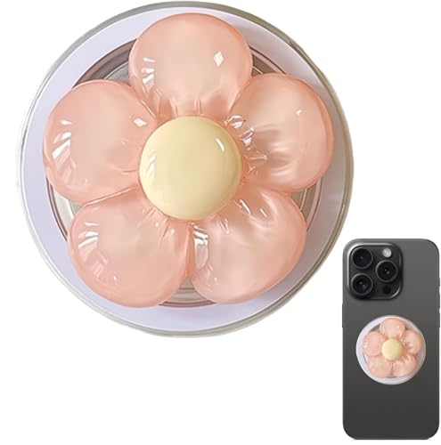 Magnetic Phone Holder Transparent Candy Color Flower Design Foldable Desktop Mount Cute Aesthetic Grip Collapsible Expandable Cell Phone Accessories Pho/ne Grips for Back of Pho/ne Pink