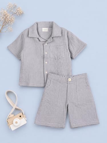 Image of Kidbea Organic Cotton Shirt & Pant Co-ord Set for Kids | Elegant & Comfortable Summer Wear | Stylish Half Sleeve Shirt with Bow & Comfy Shorts