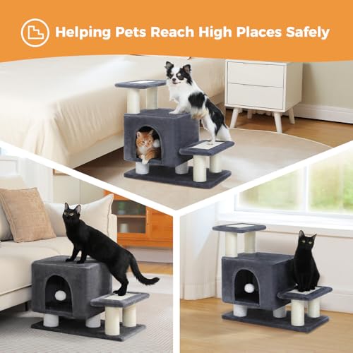Image of 3-in-1 Dog Stairs & Cat Scratching Post with Condo, Pet Steps for High Bed, Sofa, Couch, Tall Cat Tower, High-Strength Board for Indoor Small Cats Kittens Dogs Climbing Playing, 3 Steps-Dark Grey