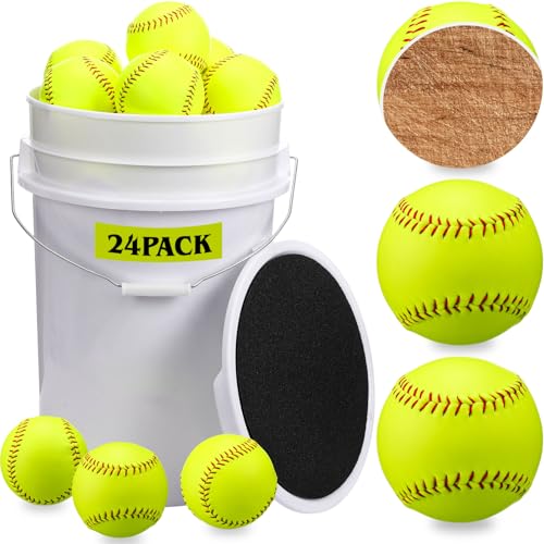 Lewtemi 24 Pack of Practice Softballs Bulk Slowpitch and Fastpitch Softballs with 6 Gallon Bucket Yellow Leather Covered Weighted Sports Soft Balls for Practice Games and Training (11)