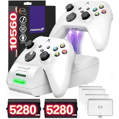 Fosmon Dual 2 MAX Charger with 2x 2200mAh Rechargeable Battery Pack Compatible with Xbox Series X/S(2020), Xbox One/X/S Elite Controllers, High Speed Charging Docking Station Kit - White