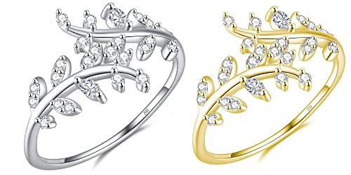 2 Pcs Argent Sterling 925 Réglable Bagues pour Femme et Fille Ouverte Zircone Cubique Anneau Feuilles d'Olivier Bagues Set Bague de Fiançailles Knuckle Rings Bijoux Cadeaux Dames