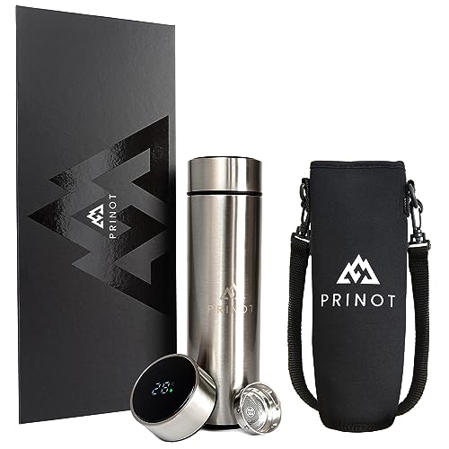 Prinot Termo digital de viaje, acero inoxidable, 0,5l/500ml, pantalla LED táctil con indicador de temperatura, doble pared termica aislante, funda de transporte e infusor de té (inox.)