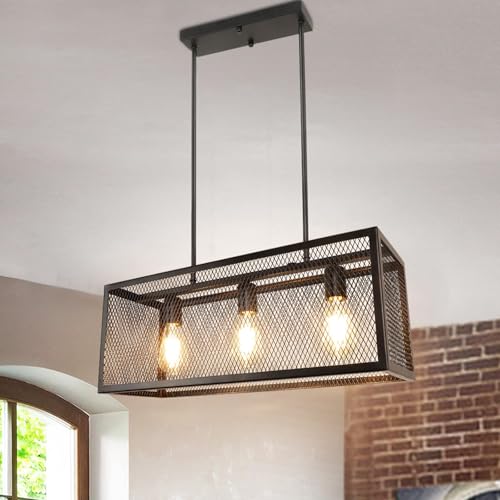 Depuley Industrial Kitchen Island Light Fixture, 3-Light Farmhouse Chandelier, Adjustable Metal Mesh Pendant Light for Dining Room, Living Room, Bar, Restaurant, E26 Bulbs Included, UL Listed