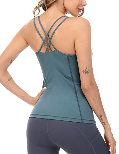 Sykooria Women's Camisole Tank Tops Built in Shelf Bra Strappy Back Gym Exercise Athletic Yoga Tops (Blue,XL)