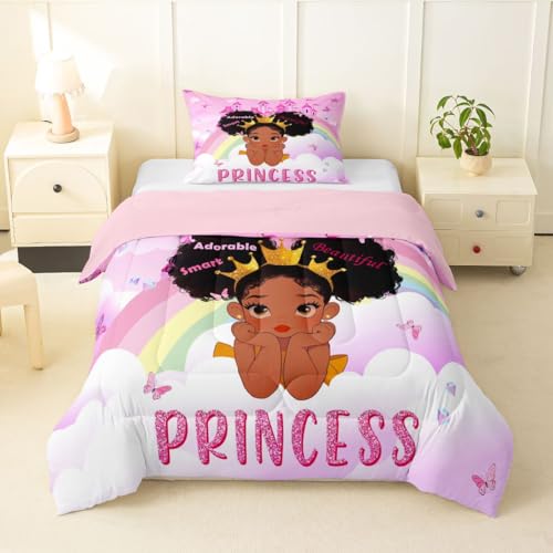 Image of Erosebridal Black Girls Twin Bedding Set Rainbow Princess Magical Comforter Set for Nursery Kids African American Quilt Black Princess Girl Duvet Insert Pretty Little Girls Inspirational Bed Set