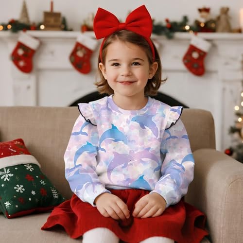 Girls Long Sleeve Ruffle Shirts Comfy Crewneck Tops Soft Lightweight Blouses Outfits Bright Print Casual Apparels3