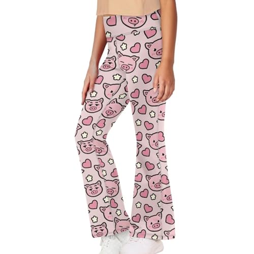 AmzPrint Girls Hippie Pants Wide Leg Bell Bottom Cute Cartoon Piggy Pig Print Pink Flare Leggings for Girls 12-142