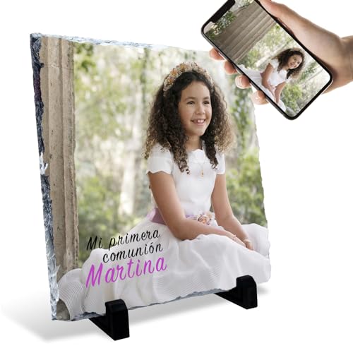 Portafotos de piedra personalizado con tu foto - Con o sin texto - Varios tamaños y formas (Cuadrado, 20x20 (+/-1cm))