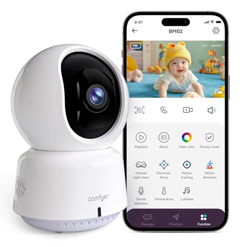 Comfyer Babyphone WLAN IP Kamera, schwenkbare Überwachungskamera Innen mit Zwei-Wege-Audio, 4-Split-Screen, Bewegungsverfolgung, IR Nachtsicht, Schla