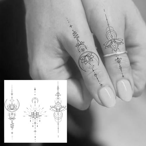 Image of Bilizar 12 Sheets Lotus Crescent Arrow Temporary Tattoos For Women Adults Finger Hand Neck Tattoo Sticker, Realistic Crescent Lotus Chain Pendant Fake Jewelry Tattoos Long Lasting Body Art Temp Tatoos