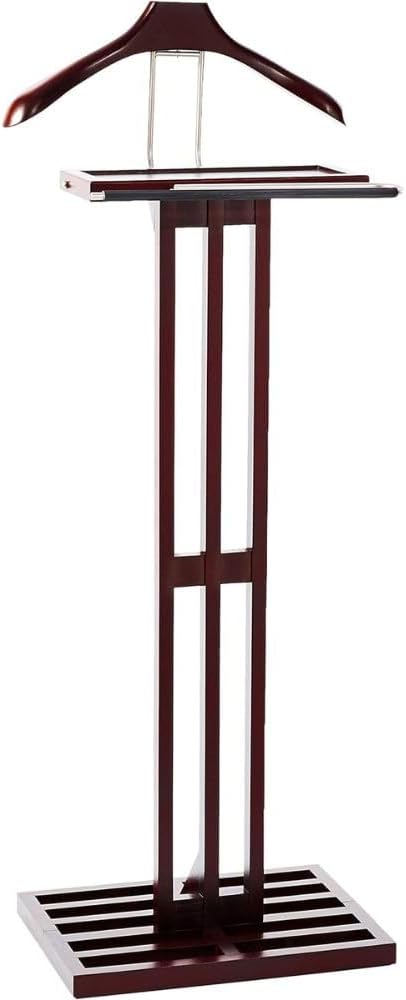 Freestanding Wooden Suit Valet Stand with Hanger Storage Tray Tie Hook Classic Wardrobe Organizer for Bedroom Office Closet, Dark Mahogany