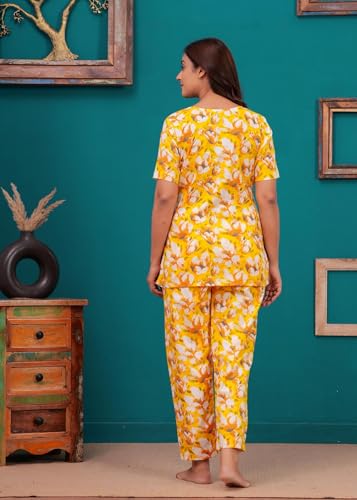 Image of Women Cotton Relaxed Fit Fit and Flare Suit | Printed Night Suit | Half Sleeve Co-Ord Set