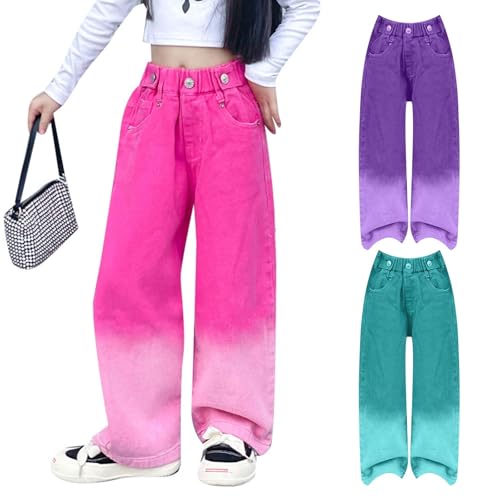 Girls Wide Leg Ripped Jeans Kids Baggy Elastic Waist Washed Denim Pants Girls High Waisted Straight Leg Jeans