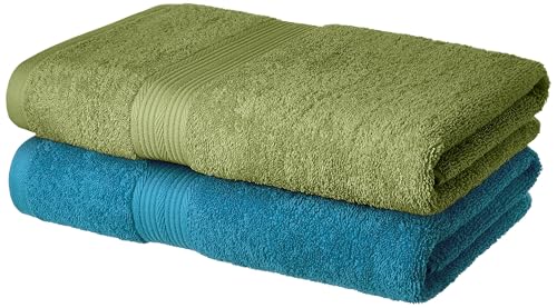 Image of Amazon Brand - Solimo 100% Cotton 2 Piece Bath Towel Set, 500 GSM (Olive Green and Turquoise Blue)