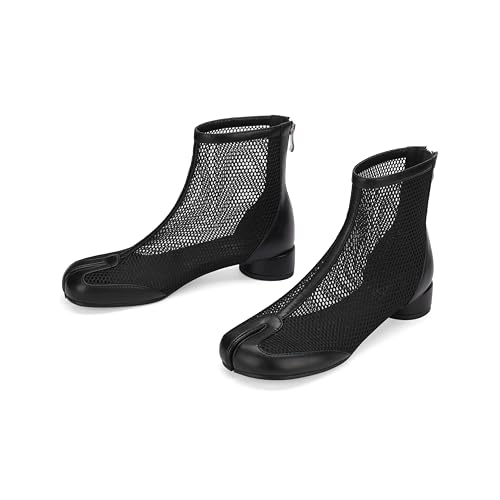 Image of Split Toe Ankle Boots for Women Tabi Japanese Ninja Shoes Low Chunky Heels Booties, Stretch Artificial Leather Boots Back Zipper
