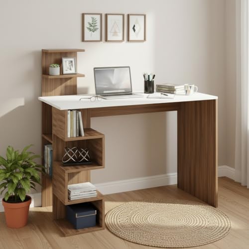 Image of FURNEASER Edward Modern Engineered Wood Study Table with Side Bookshelf Storage | Space-Saving Computer & Laptop Gaming Desk for Home Office | Wooden Writing Desk (Exotic Teak & White)