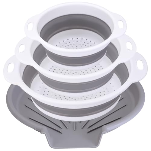 Cluren Lot de 3 passoires pliables avec plateau égouttoir universel | Lot de 3 passoires de cuisine pliables + base | Gain de place pour les pâtes, les légumes, les fruits et le riz | 5 couleurs
