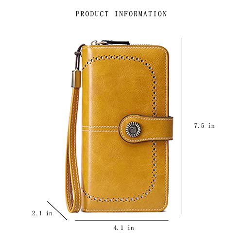 Mokoze Yellow Wallet For Women, Pu Leather Bifold Wallets With Wrist Strap And Zipper, Large Capacity Wallet For Hold Bank Credit Cards/Money/Cell Phones/Keys, Girlfriends Mother's Day Gifts #TOP2