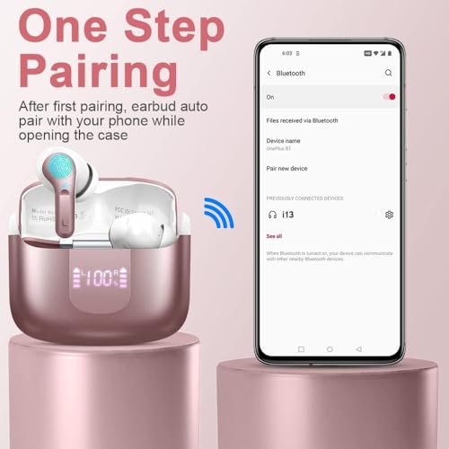 Image of Wireless Earbuds, Bluetooth 5.3 Headphones 2025 NEW Ear Buds 40H Bass Stereo in-Ear Earphones ENC Noise Cancelling Earbuds with 4 HD Mic, USB-C LED Display IP7 Waterproof Sport Headset for Android iOS