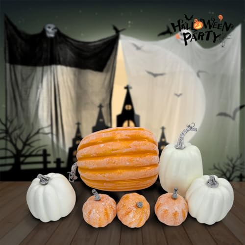 DOJoykey 7 Stück gelbe und weiße Großer künstlicher Kürbis für Herbstkränze, Herbst-Haustisch, Erntedankfest, Halloween-Party-Dekoration