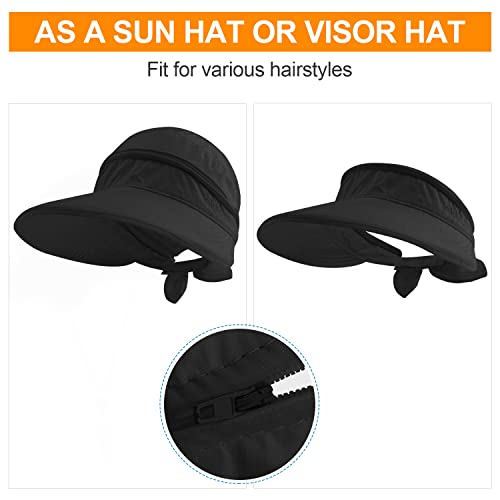 Meinicy Womens Sun Visor Hat Wide Brim, 2 In 1 Zip-Off Sun Uv Protection Foldable Adjustable Visors Beach Hats For Women (2 Pack Black+White) #TOP2