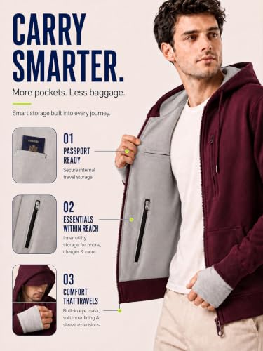 Image of NOBERO Travel Hoodies for Men|Cotton Fleece Solid Hooded Full Sleeve Sweatshirt|15 Utility Features,Tab & Drinks & earphones Holder,Charger & Sunglass Pocket, Microfiber Cloth,In-Built Gloves,Eye Mask