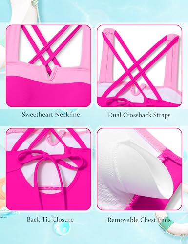 Image of Shallmu Girls One Piece Swimsuits Color Block Dual Crossback Straps with Cover Up Skirt Girl's Swimwear 9-16Y