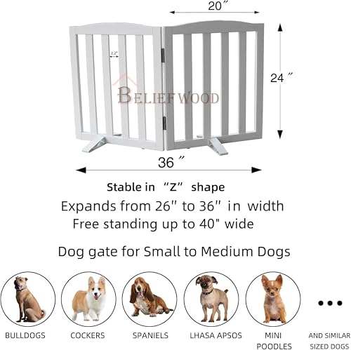 Image of Freestanding Pet Gate, Folding Safety Fence Wooden Kids & Dog Gate with 2PCS Support Feet Ideal for Stairs, Doorways, Halls, Kitchens, Indoors Gates, 24 inch(60 Cm), White (2 Panel)