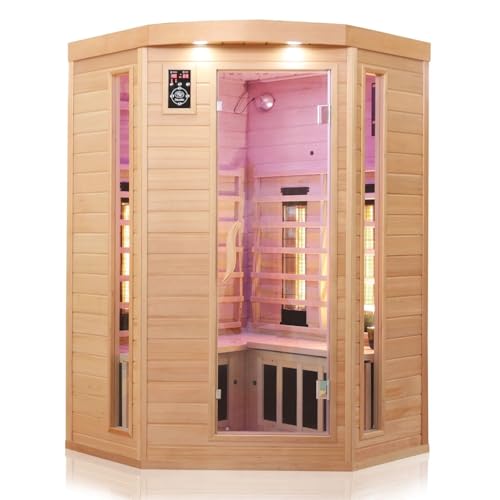 Dewello® Infrarotkabine Infrarotsauna LAKEFIELD 3 140cm x 140cm für 2-3 Personen aus Hemlock Holz mit Vollspektrumstrahler, LED-Farblicht, Bluetooth, FM,MP3,USB