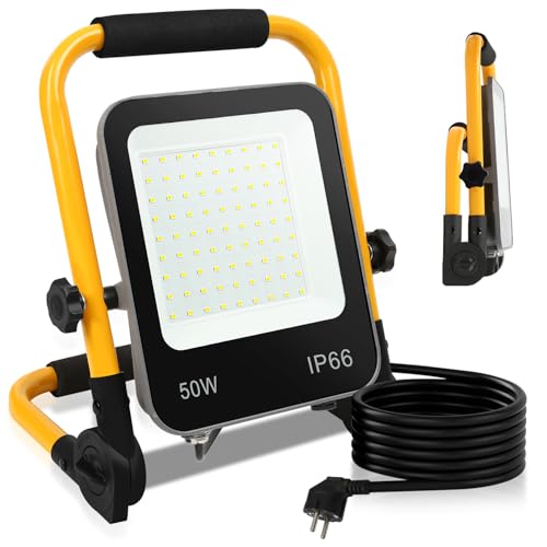 Fiqops Projecteur de chantier LED 50 W 4000 lm avec trépied et câble de 3 m, lampe de travail LED avec prise, IP66 étanche pour garage, atelier, chantier, blanc froid