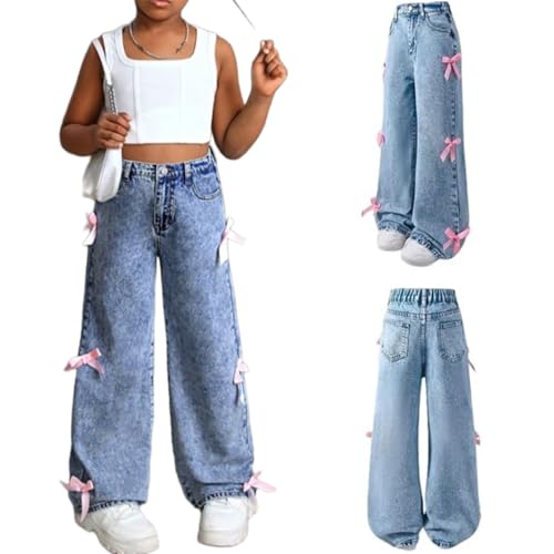 Girls Bow Wide Leg Baggy Denim Pants,Teen Casual Cute Wide Leg Jeans,Kids High Waisted Washed Jean Straight Leg Trouser (US, Alpha, Small, Regular, Medium Blue)