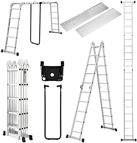 HBTower Folding Ladder, 18.5FT Aluminum Extension Ladder with Tool Tray, 2 Platform Plates, 7 in 1 Heavy Duty Collapsible Ladder, Tall Ladder for Home or Outdoor, 330 lbs Capacity