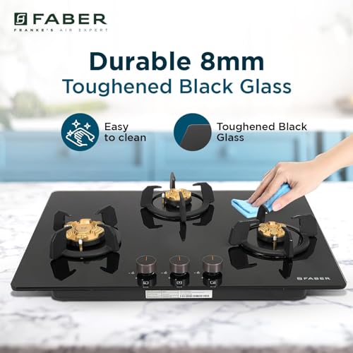 Image of Faber 3 Burner 70cm Hobtop|Auto-Ignition|Metal Knobs|Cast Iron Pan Support |Hob /Cooktop Hybrid| Black Glass Finish|5Yr Warranty on Glass,Valve & 2Yr on Burner by Faber|HOB PRIME HT703 CRS BR CI AI IN