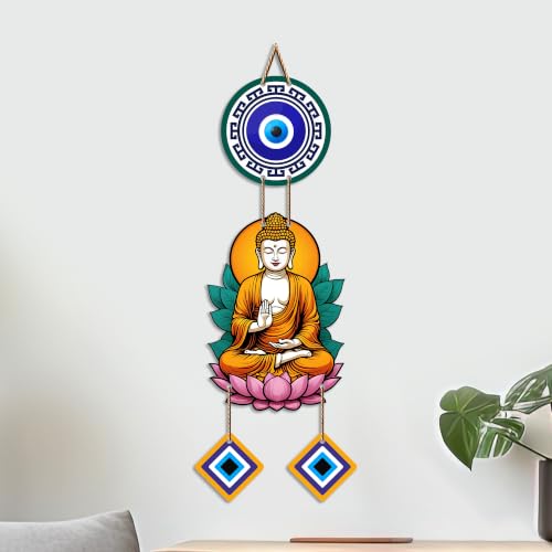 Image of Artvibes Buddha Lotus Meditation Wall Hanging with Evil Eye Charms | Spiritual Decor for Yoga & Prayer Spaces | Decorative Wooden Hanging Ornament for Living Room | Positive Energy Wall Art (WH 8598N)