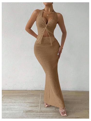 Image of SOLY HUX Women's Two Piece Outfits Twist Front Halter Cami Tops and Skirt Summer Set
