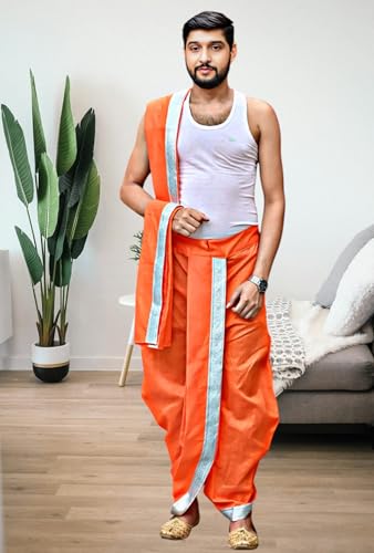 Image of Men's Ethnic | Traditional Ready to wear (Pant System) Readymade Panchakacham Dhoti With Angavastram(Towel) Set, Tassar Silk, Free Size (GC002)