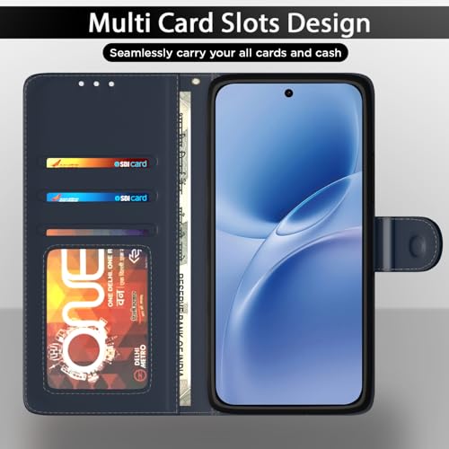 Image of Pikkme Flip Cover for Vivo V70 FE 5G | Leather Finish | Wallet Stand and Shock Proof | Complete Protection Flip Case (Blue)