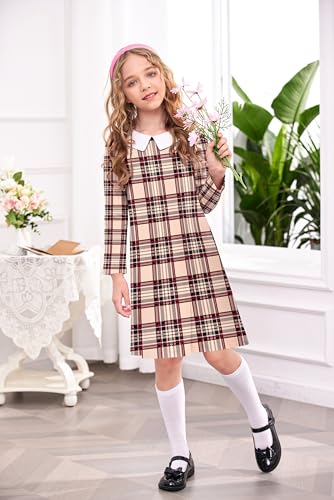 Image of Arshiner Girls Long Sleeve Vintage Peter Pan Collar T-Shirt Dress Age 4-13 Years