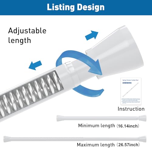 Image of 2 Pack Tension Rods 16 to 26 Inch Spring Adjustable Curtain Rods No Drilling White Tension Rods Expandable Pressure Spring Tension Rod for Closet, Doorway